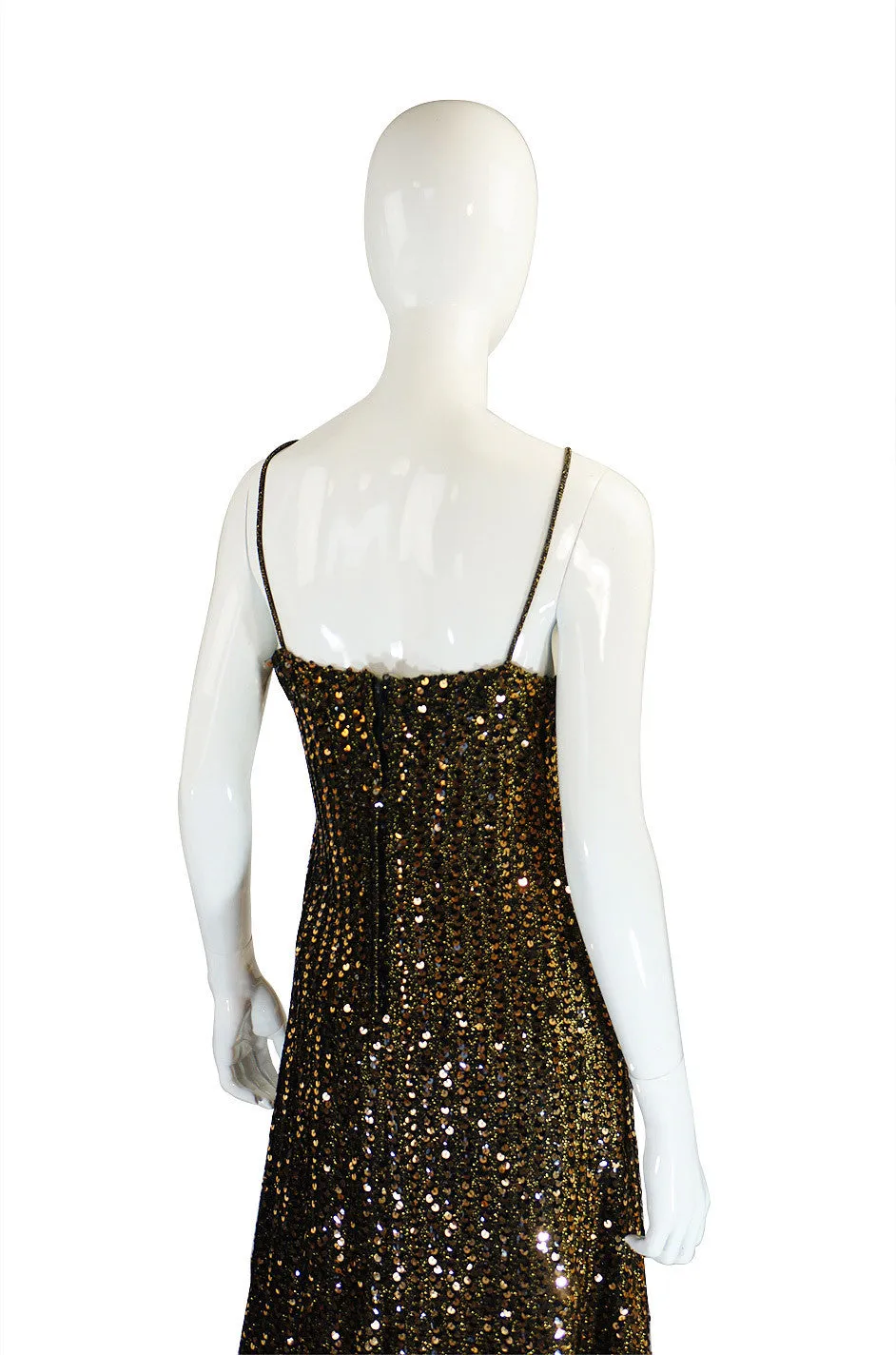 1970s Rare Biba Gold Sequin Maxi Dress