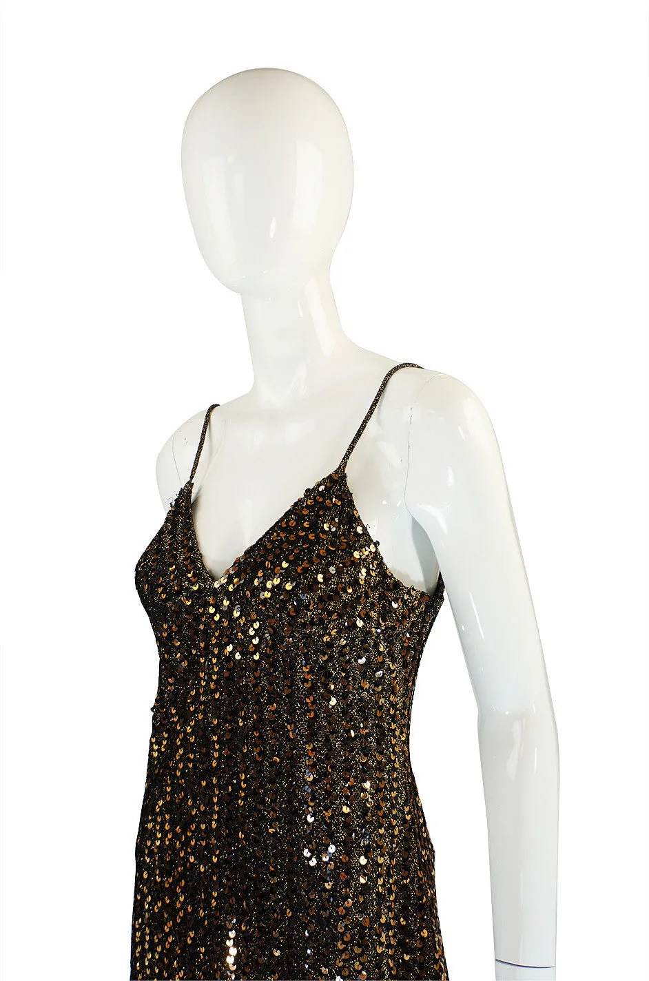 1970s Rare Biba Gold Sequin Maxi Dress