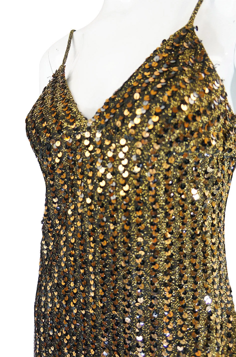 1970s Rare Biba Gold Sequin Maxi Dress