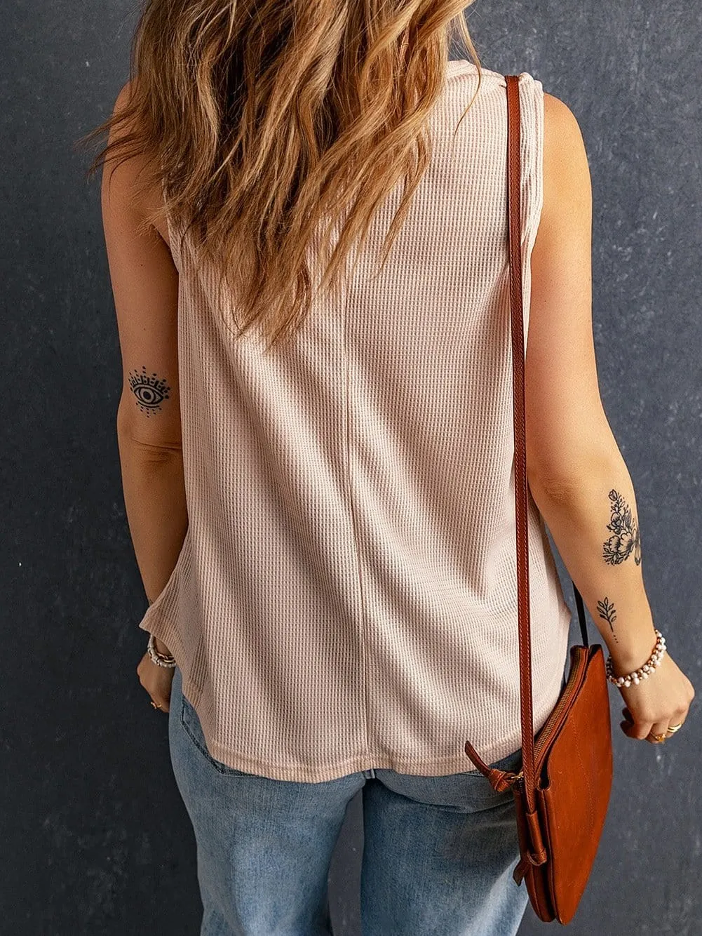 Apricot Sleeveless Waffle Knit Tank Top in Round Neck Style