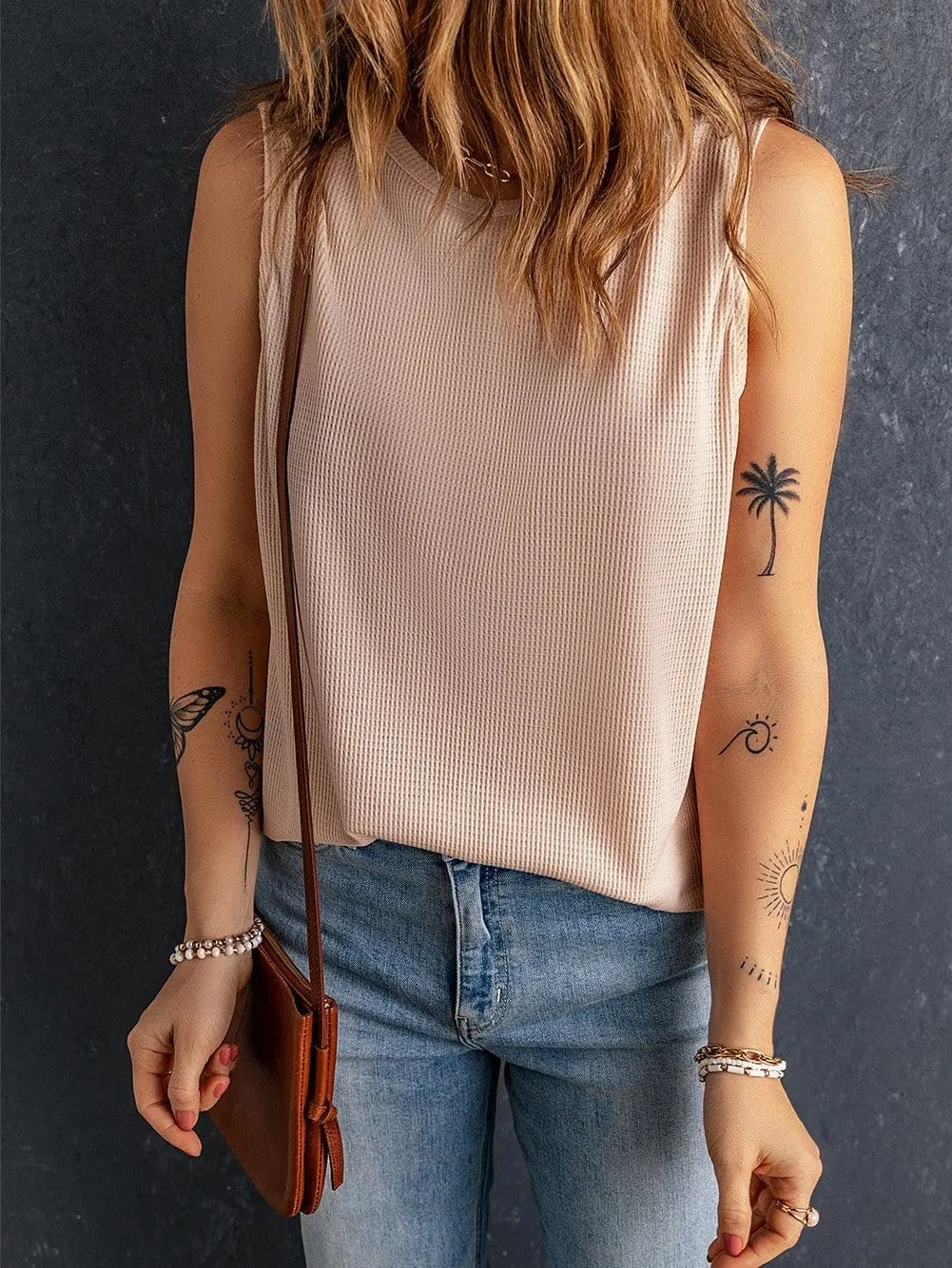 Apricot Sleeveless Waffle Knit Tank Top in Round Neck Style