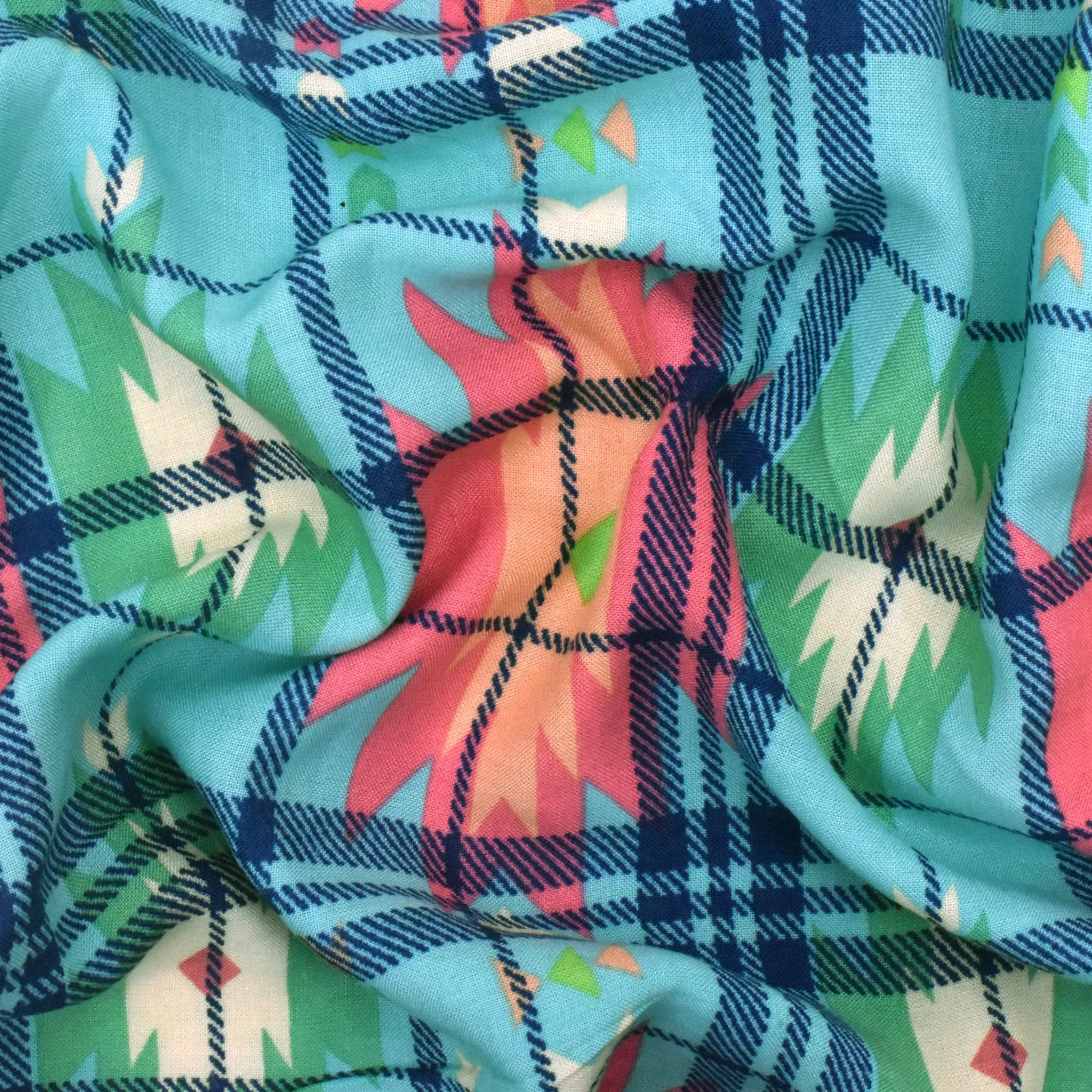 Aqua Teal-Multi Aztec Plaid Printed Challis Fabric