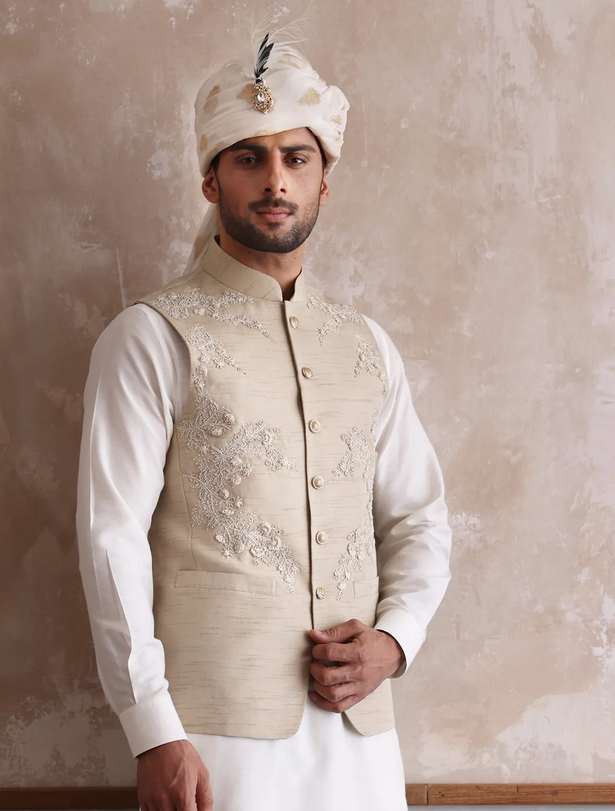 BEIGE RAW SILK HEAVY HAND EMBROIDERD WAIST COAT