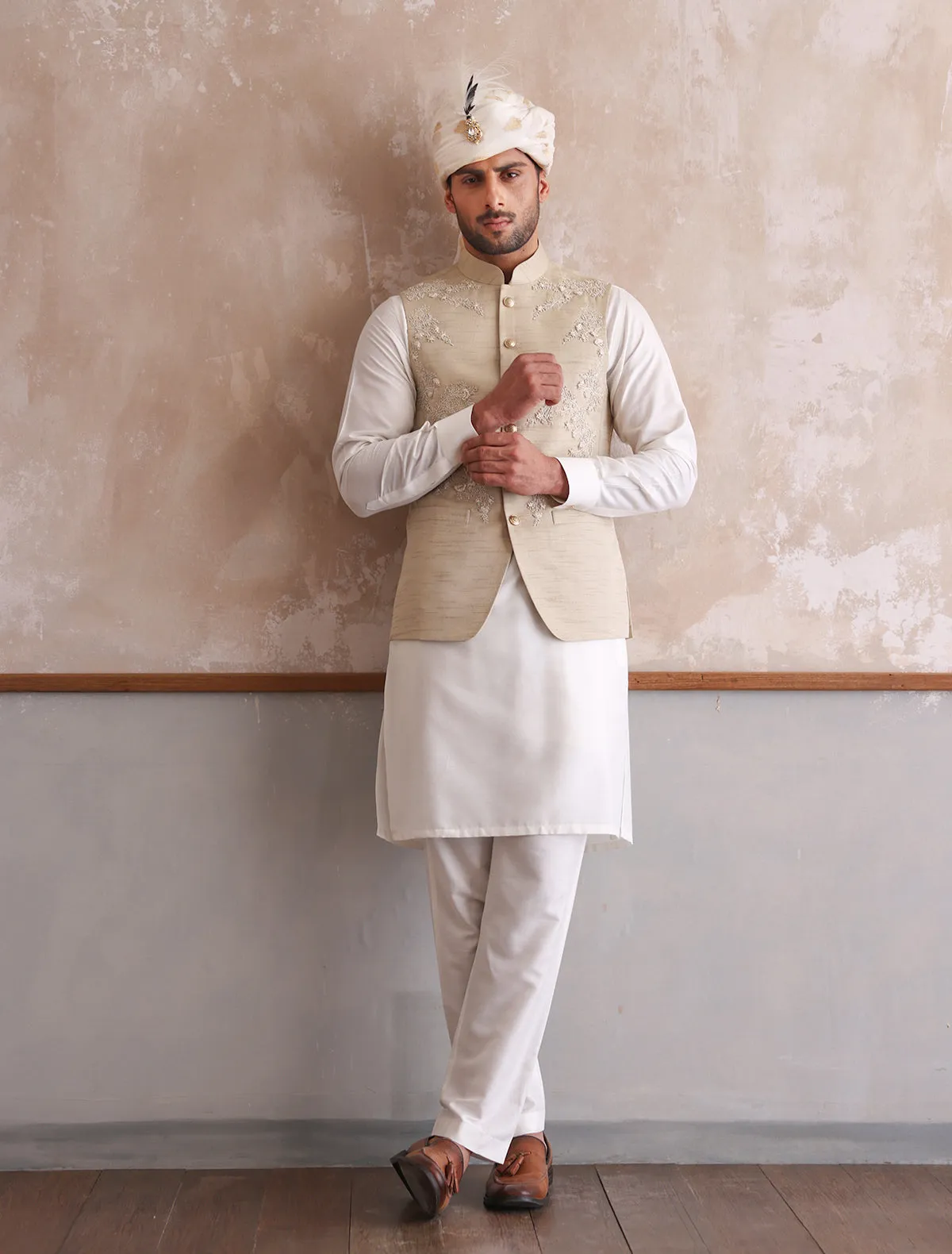 BEIGE RAW SILK HEAVY HAND EMBROIDERD WAIST COAT