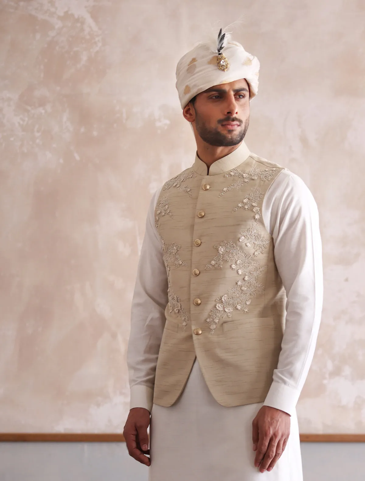 BEIGE RAW SILK HEAVY HAND EMBROIDERD WAIST COAT