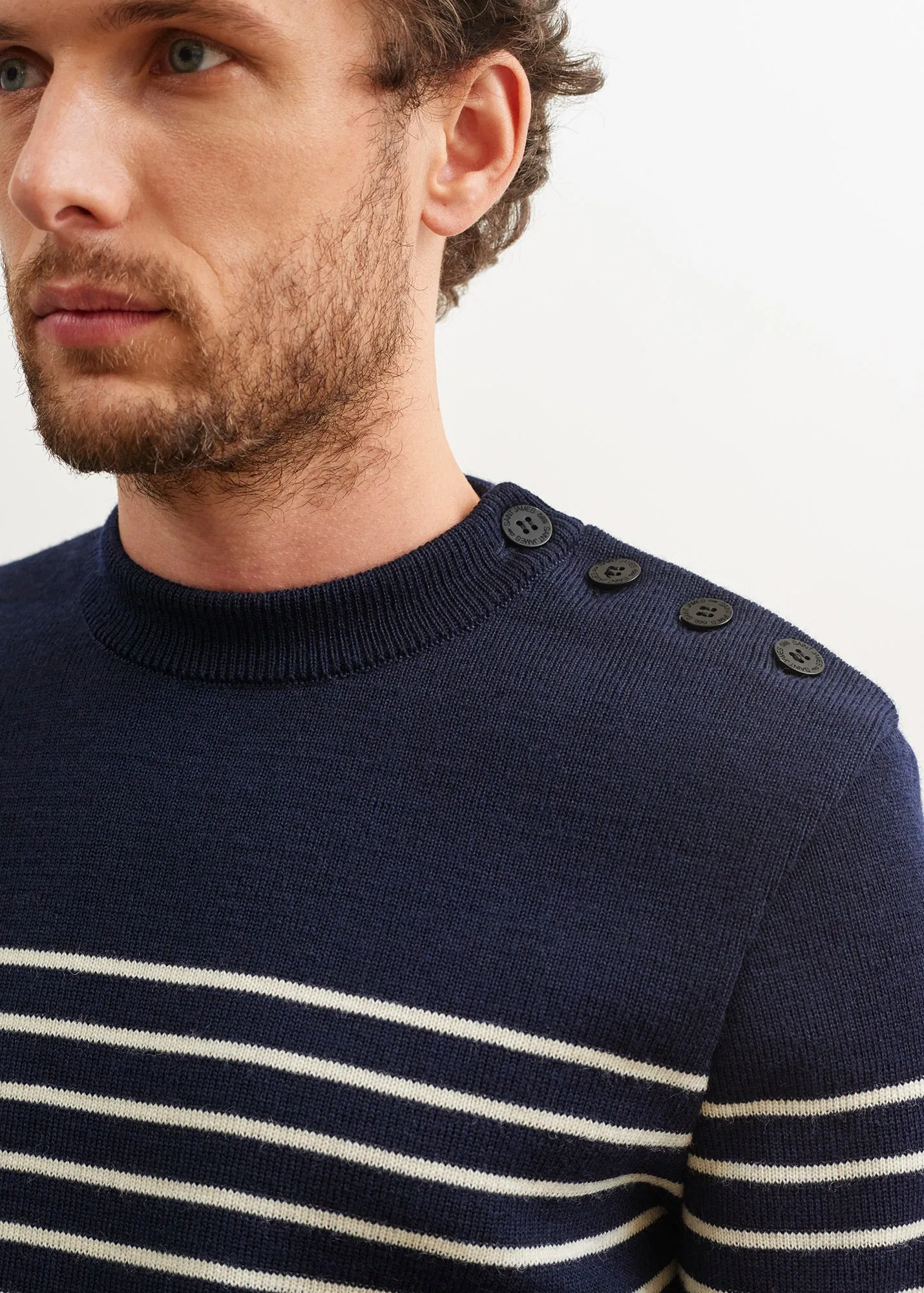 BINIC - Authentic Striped Fisherman Sweater With Shoulder Buttons in Wool | Loose Fit (NAVY / ECRU)