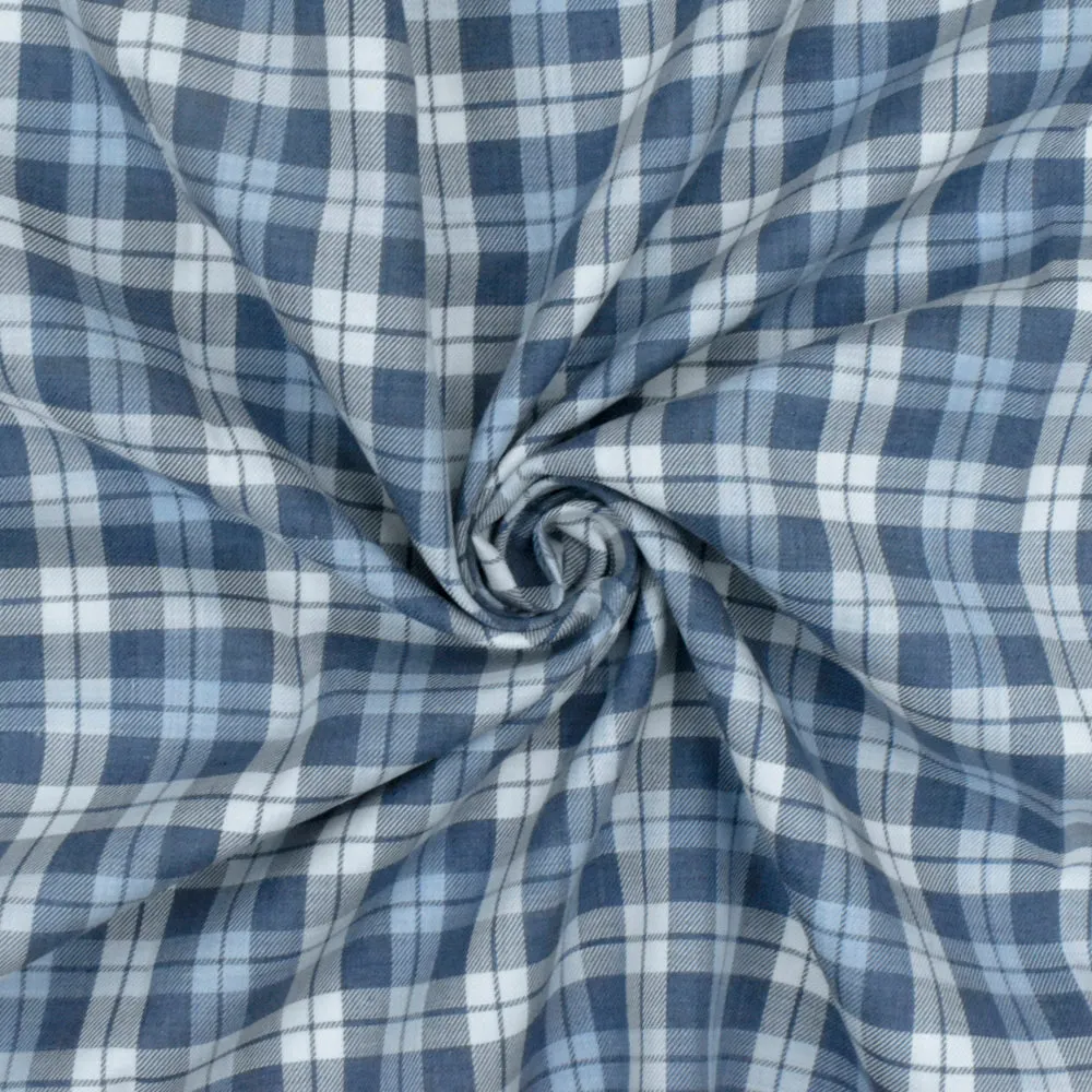 Blue-Navy-White Plaid Cotton Twill Woven Fabric