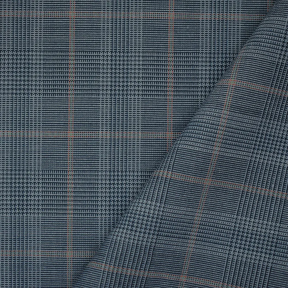 Blue-Orange-Multi Wool Poly Glen Plaid Check Shirting Woven Fabric