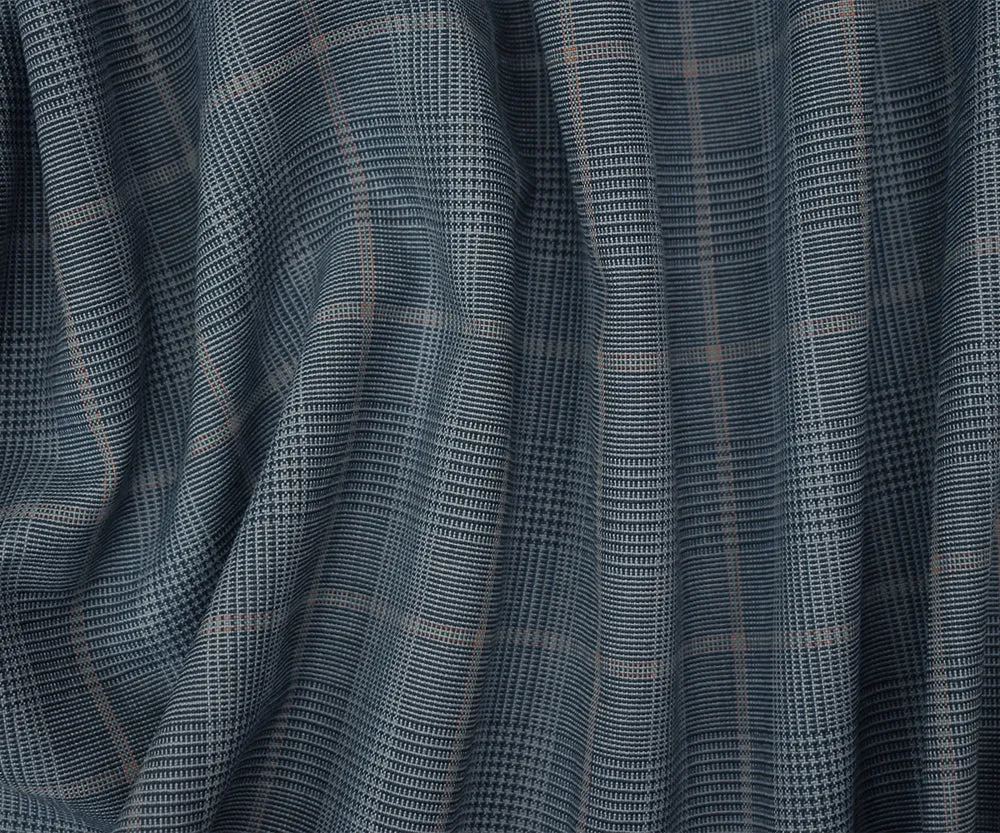 Blue-Orange-Multi Wool Poly Glen Plaid Check Shirting Woven Fabric