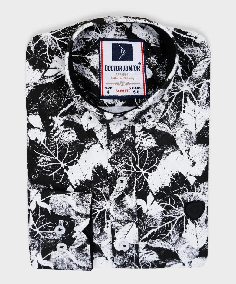 Boys Slim Fit Leaf Print Fashion Shirt - Black - White