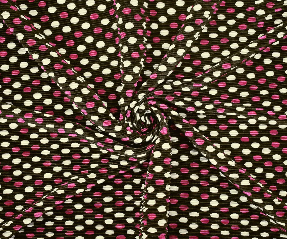 Brown-Pink-White Dot Printed Stretch Poly Pressed Pleated Satin Knit Fabric