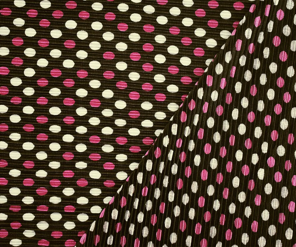 Brown-Pink-White Dot Printed Stretch Poly Pressed Pleated Satin Knit Fabric