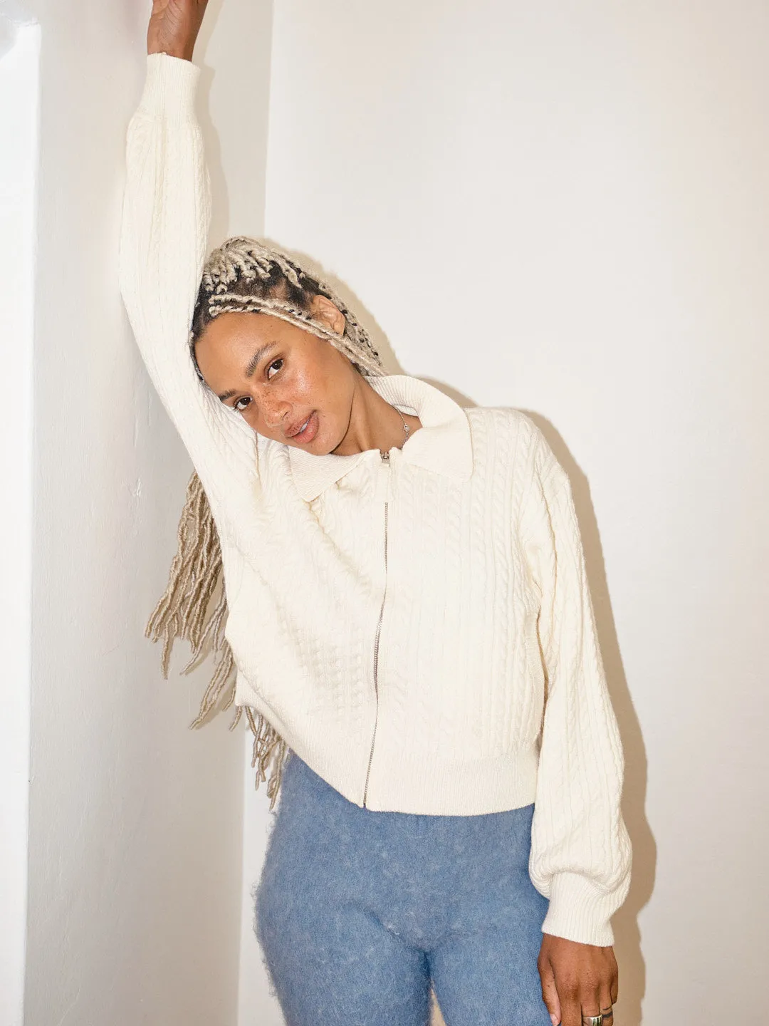 Cable Knit Zip Up - Ivory