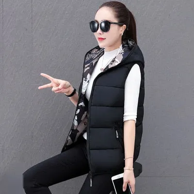 Camouflage Vest NEW Short Loose Waistcoat Down Cotton Jacket Outside Wear Autumn Winter Double-sided Thick Hooded Vest Women