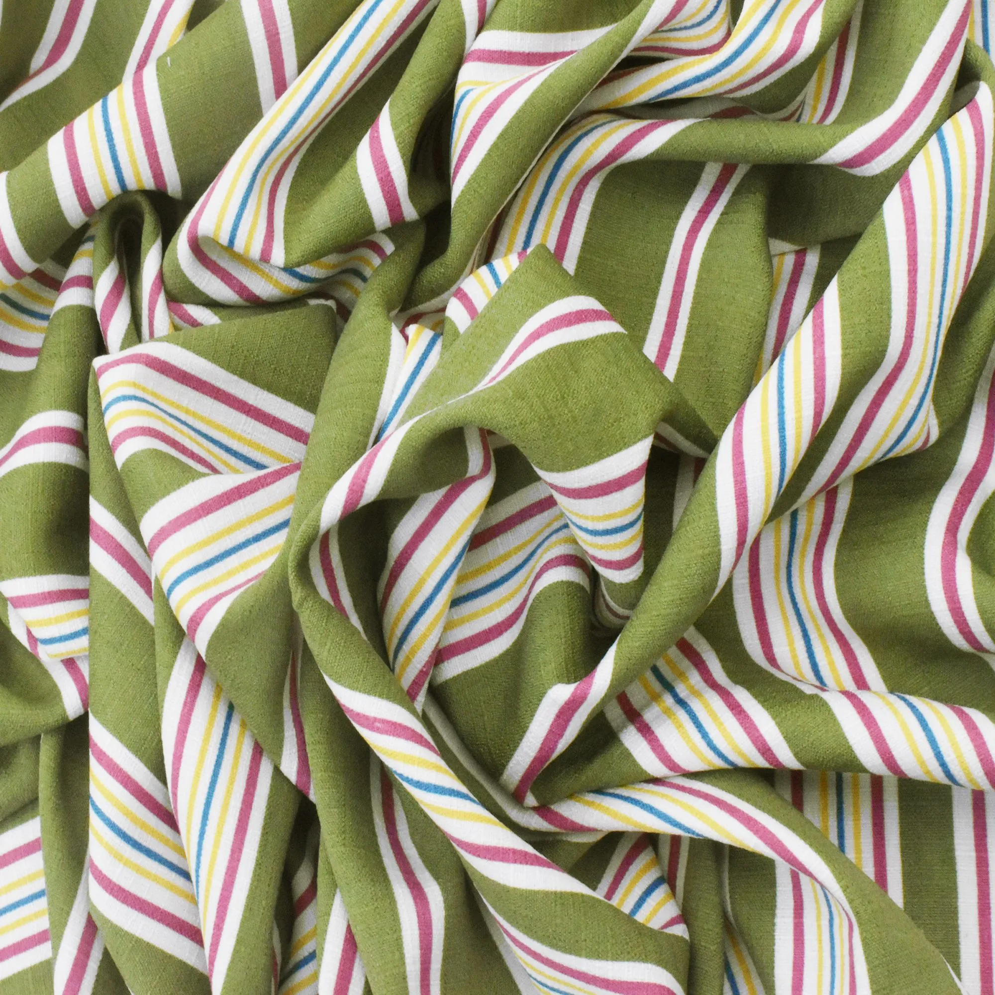 Deep Olive Green-White-Multi Stripe Polyester Slub Shirting Fabric