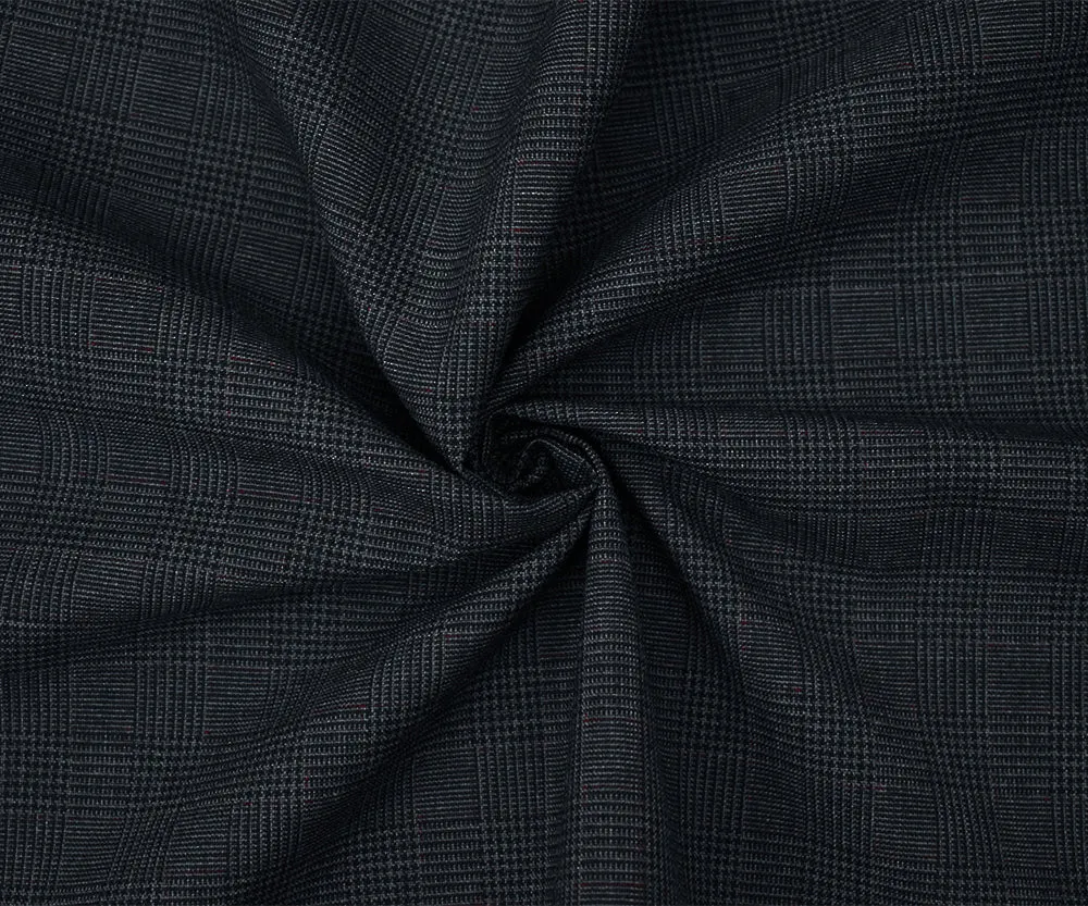 Gray-Black-Deep Burgundy Polyester Wool Glen Plaid Shirting Woven Fabric