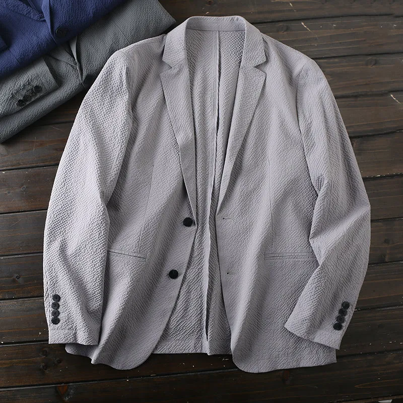 Italian single! Light luxury high-end anti-wrinkle fabric! Spring and summer men's seersucker sunscreen small suit jacket