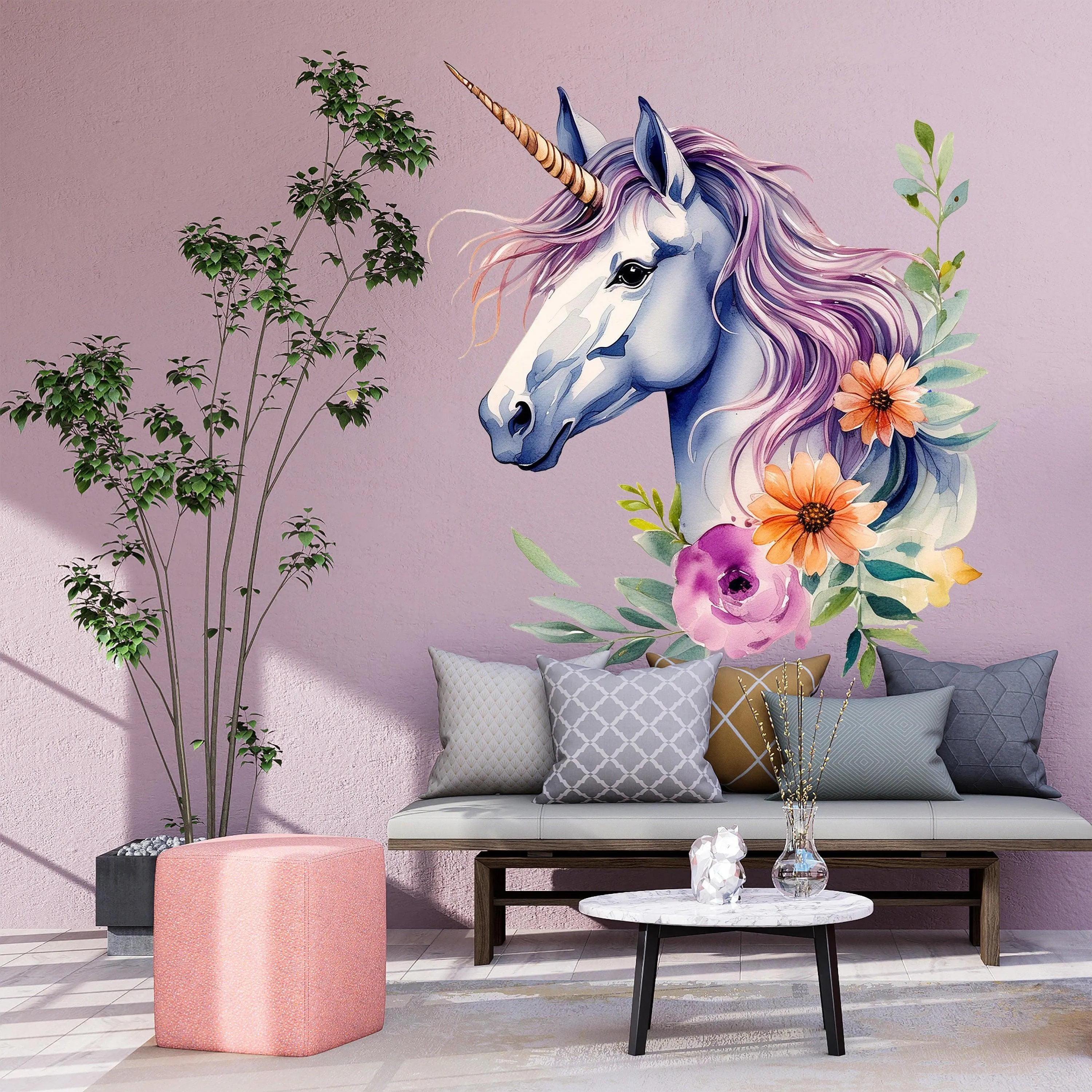 Magical Unicorn Wall Decal Sticker - Floral Unicorn Mural