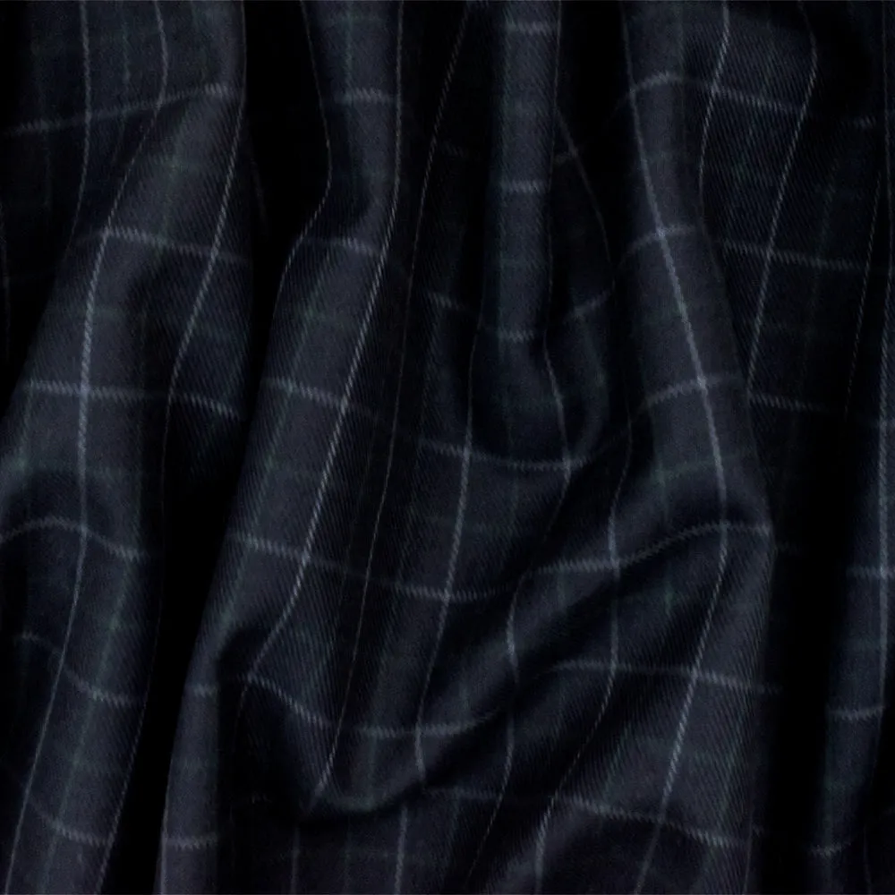 Night Blue-Gray-Green Check Wool-Cotton Twill Woven Suiting Fabric