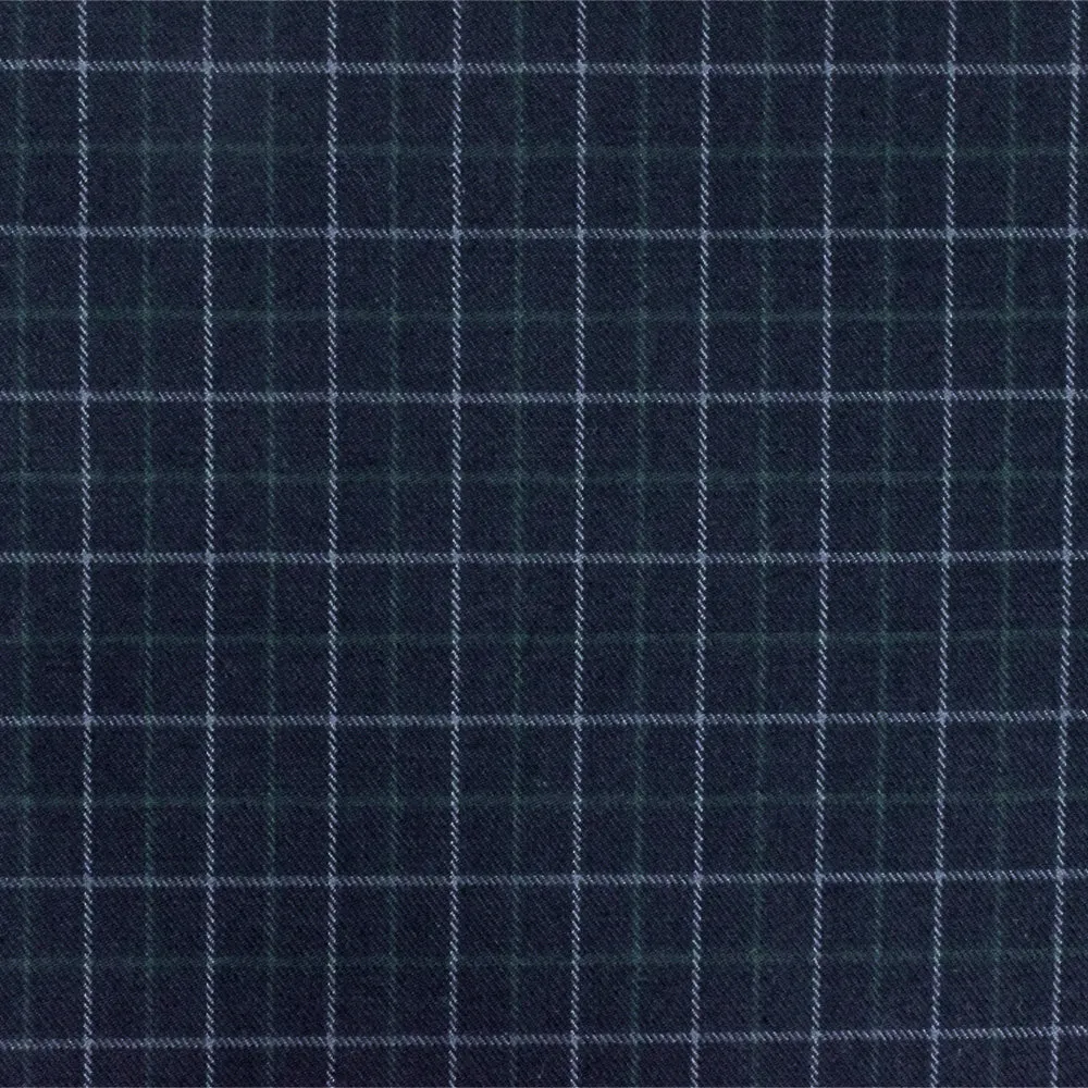 Night Blue-Gray-Green Check Wool-Cotton Twill Woven Suiting Fabric