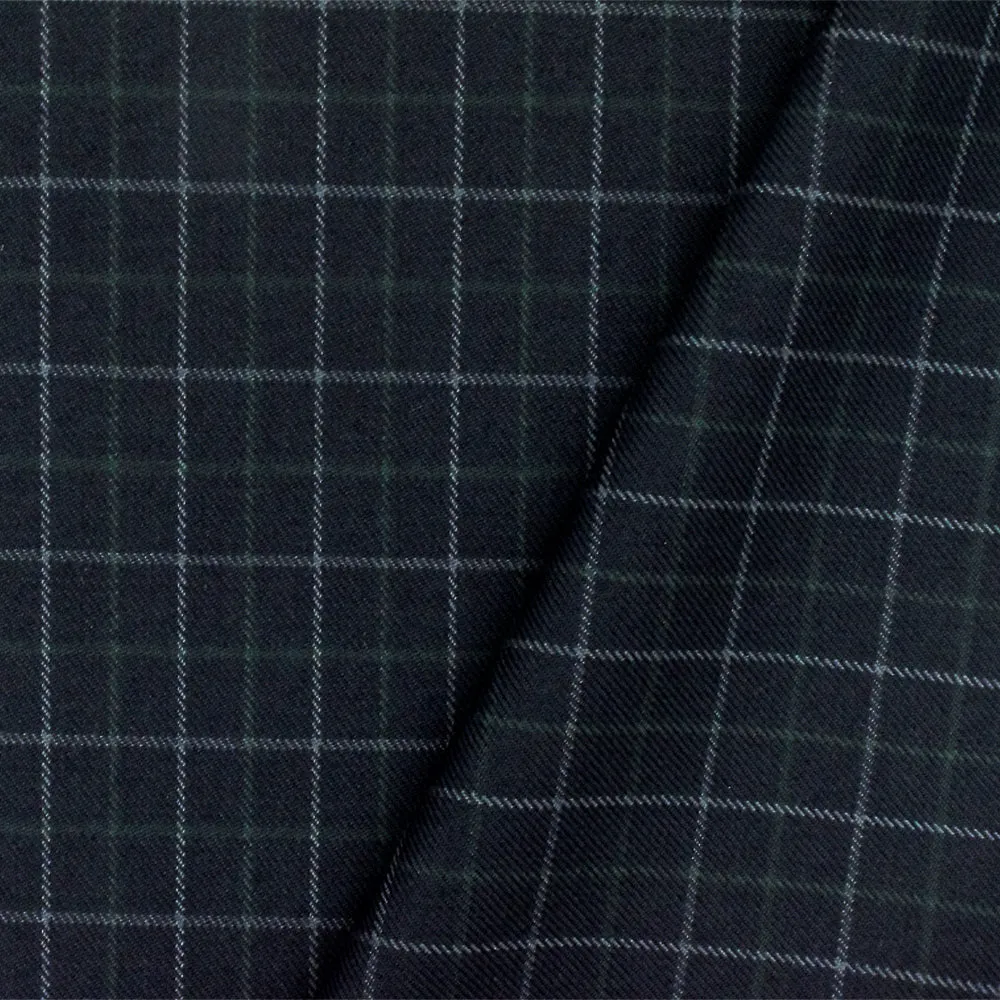 Night Blue-Gray-Green Check Wool-Cotton Twill Woven Suiting Fabric