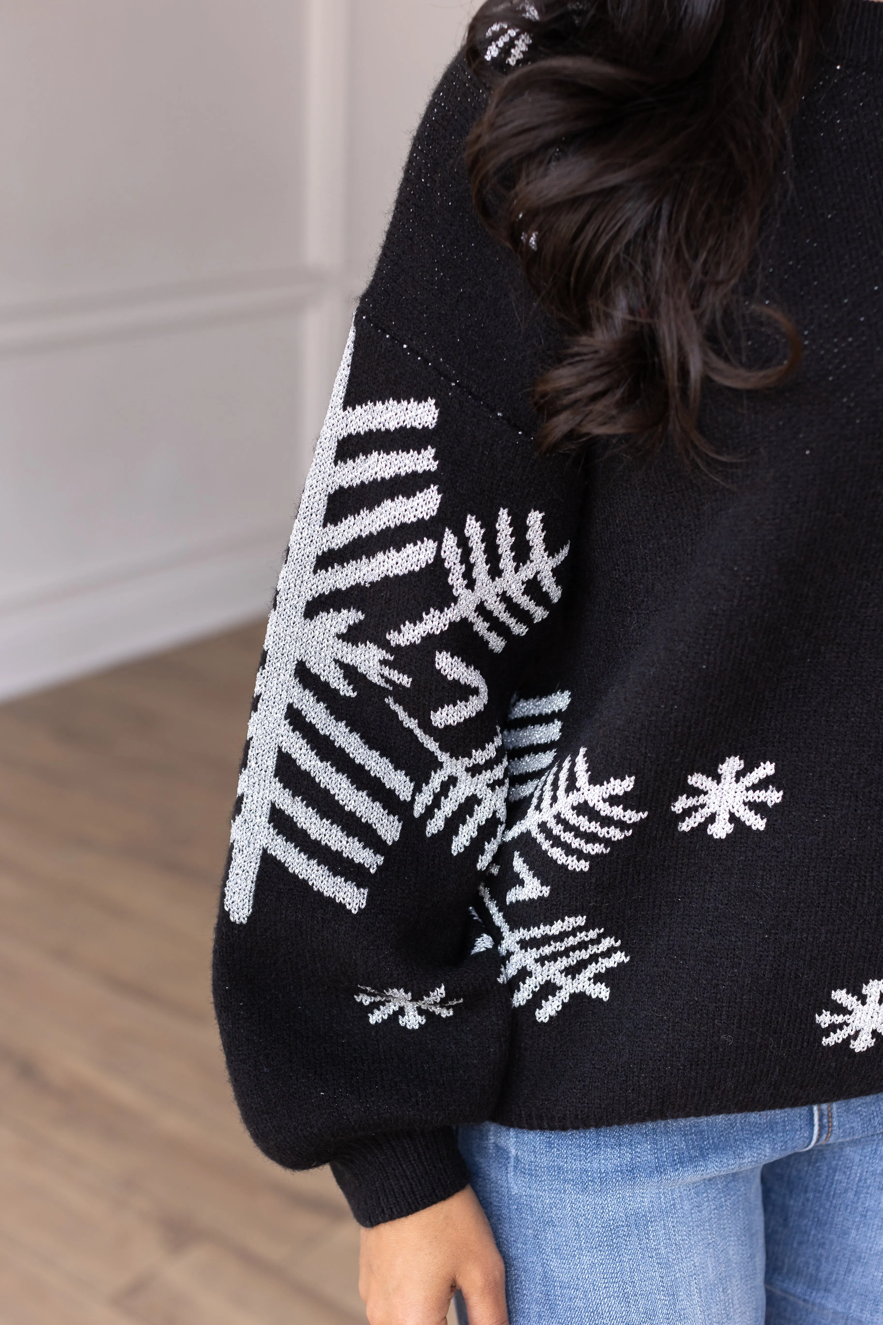 Nightfall Frost Black Sweater with Silver Snowflakes