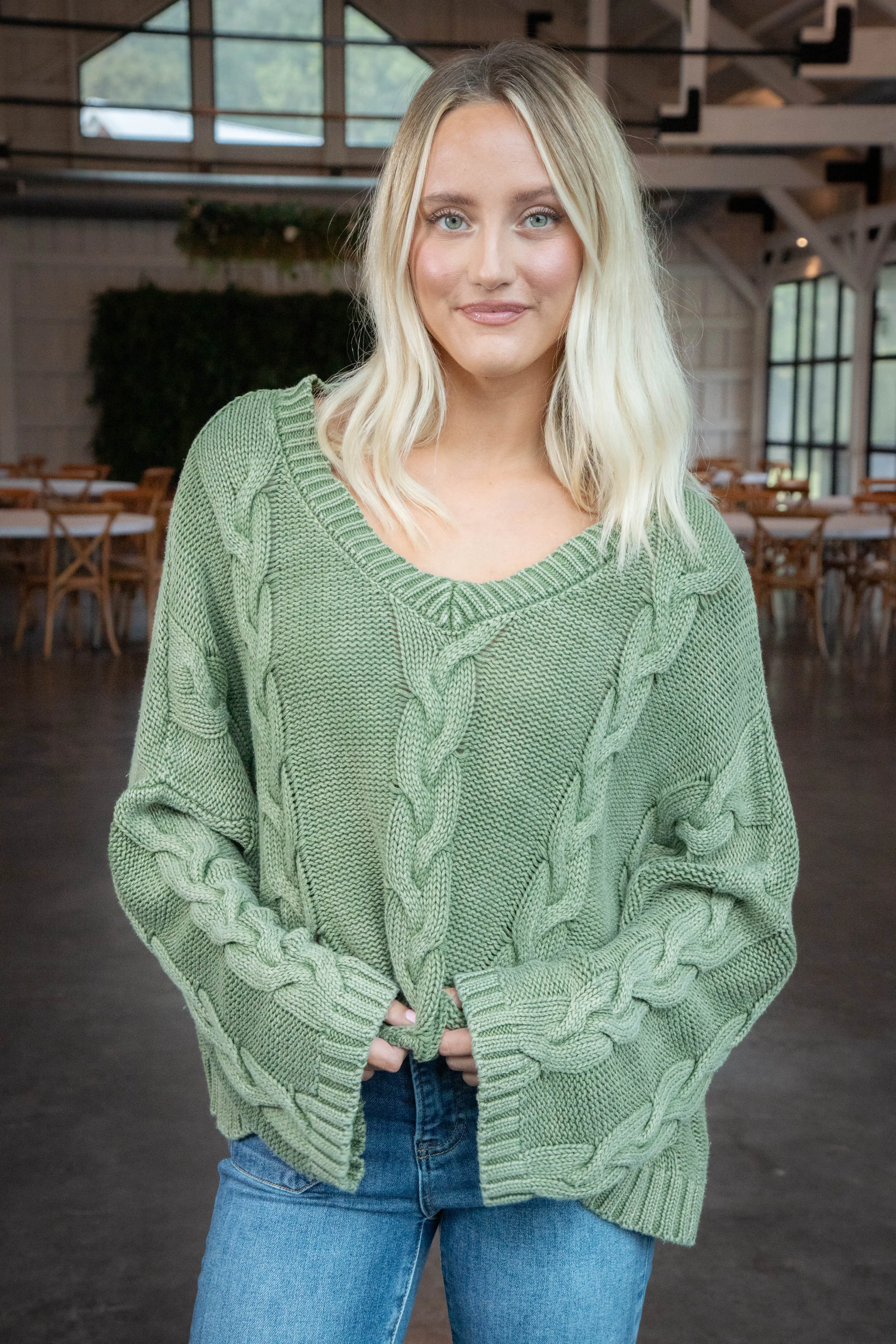 Ria Cable Knit V-Neck Sweater, Olive