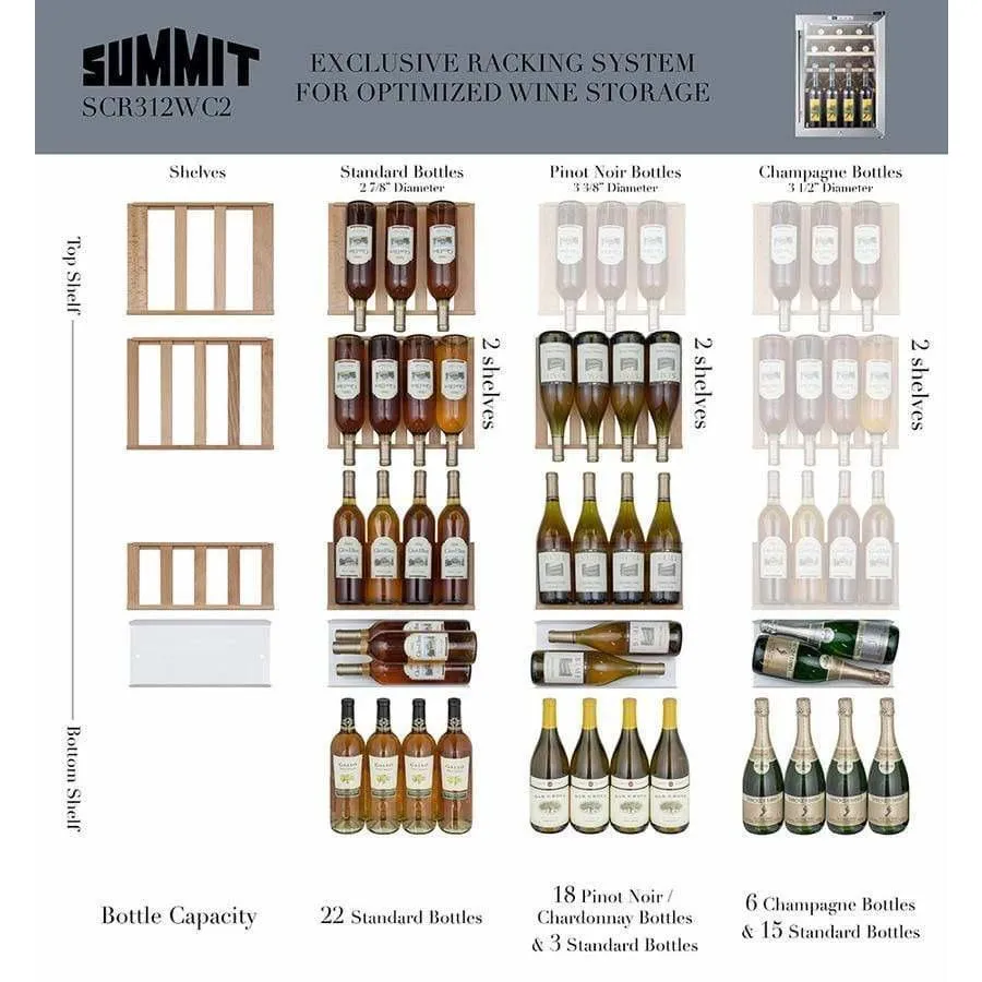 Summit 17" Wide 22 Bottle Single Zone Stainless Steel Wine Fridge SCR312LWC2