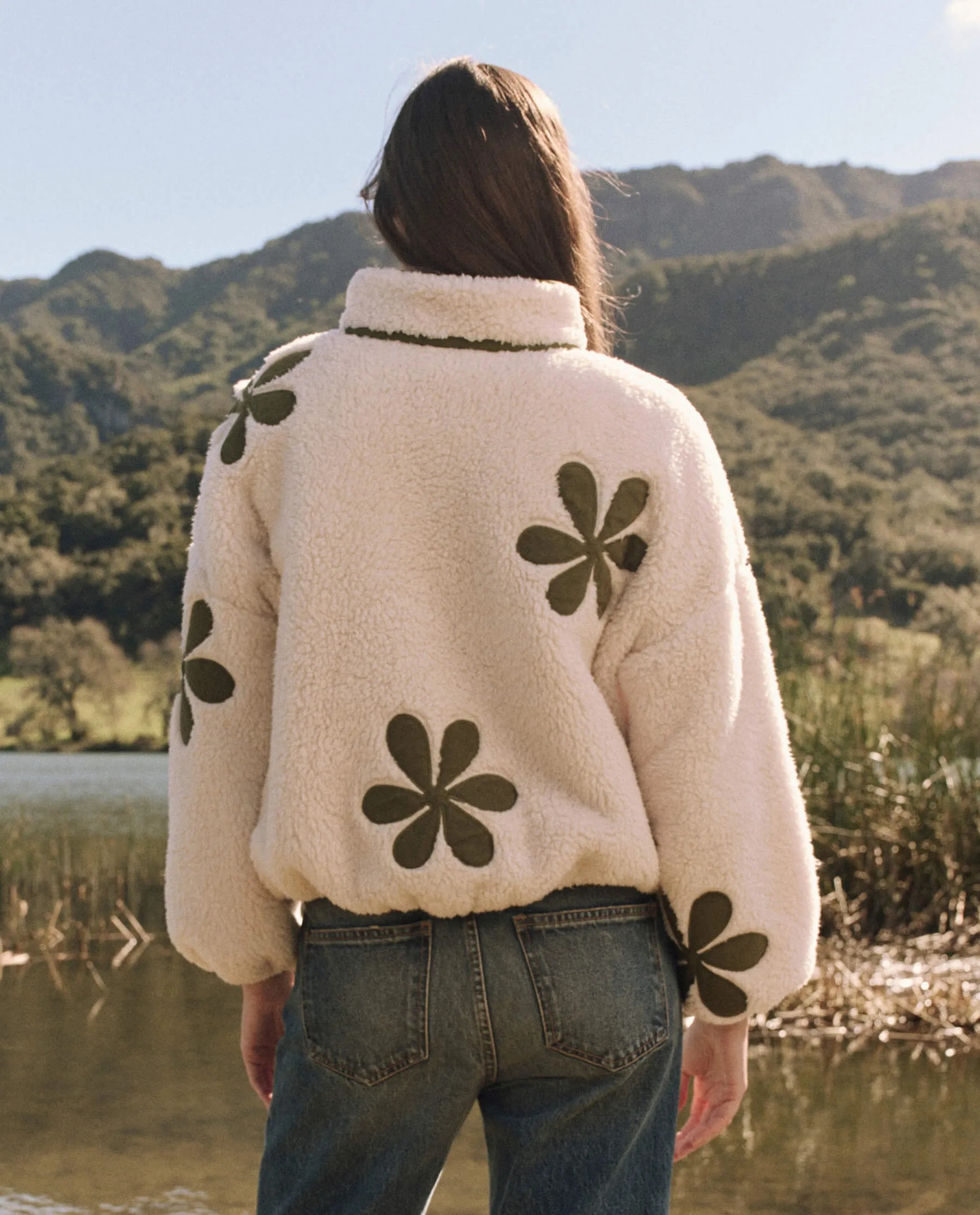 The Patch Pocket Countryside Pullover with Daisy Applique. -- Cream with Army