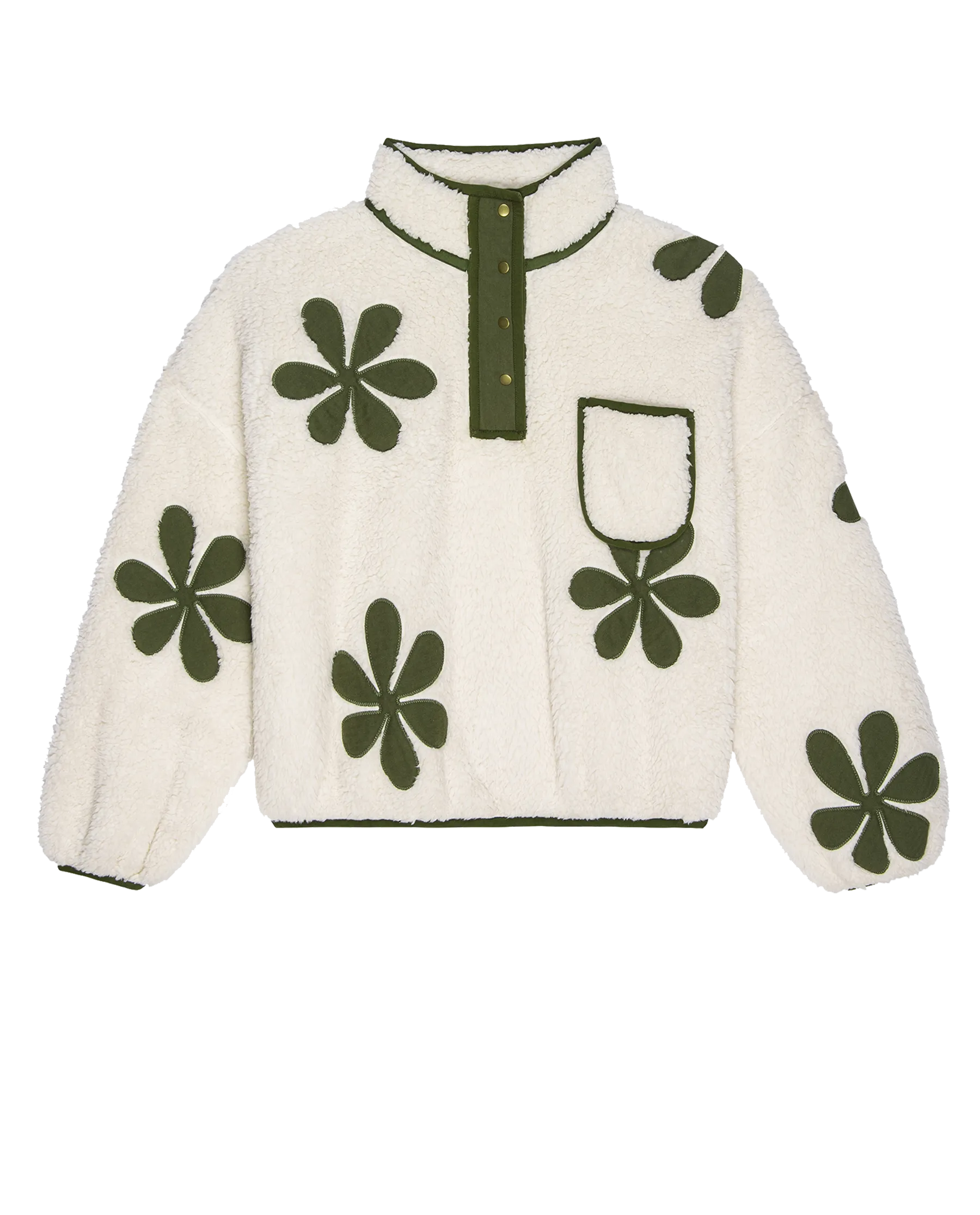 The Patch Pocket Countryside Pullover with Daisy Applique. -- Cream with Army