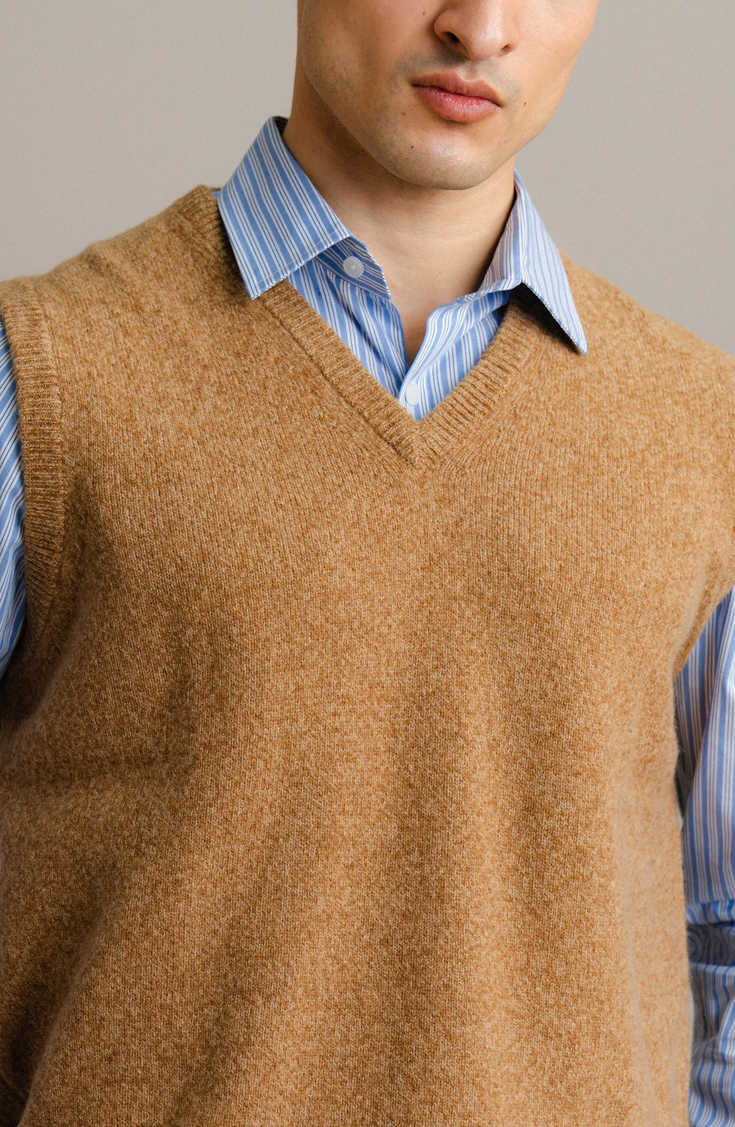 V-Neck Plain Sweater Sleeve-Less - Light Brown