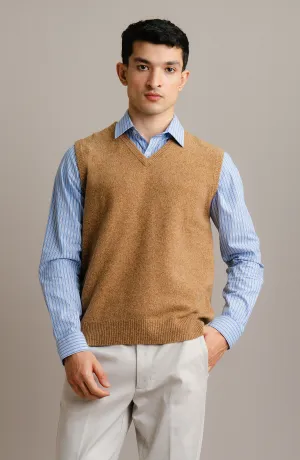 V-Neck Plain Sweater Sleeve-Less - Light Brown