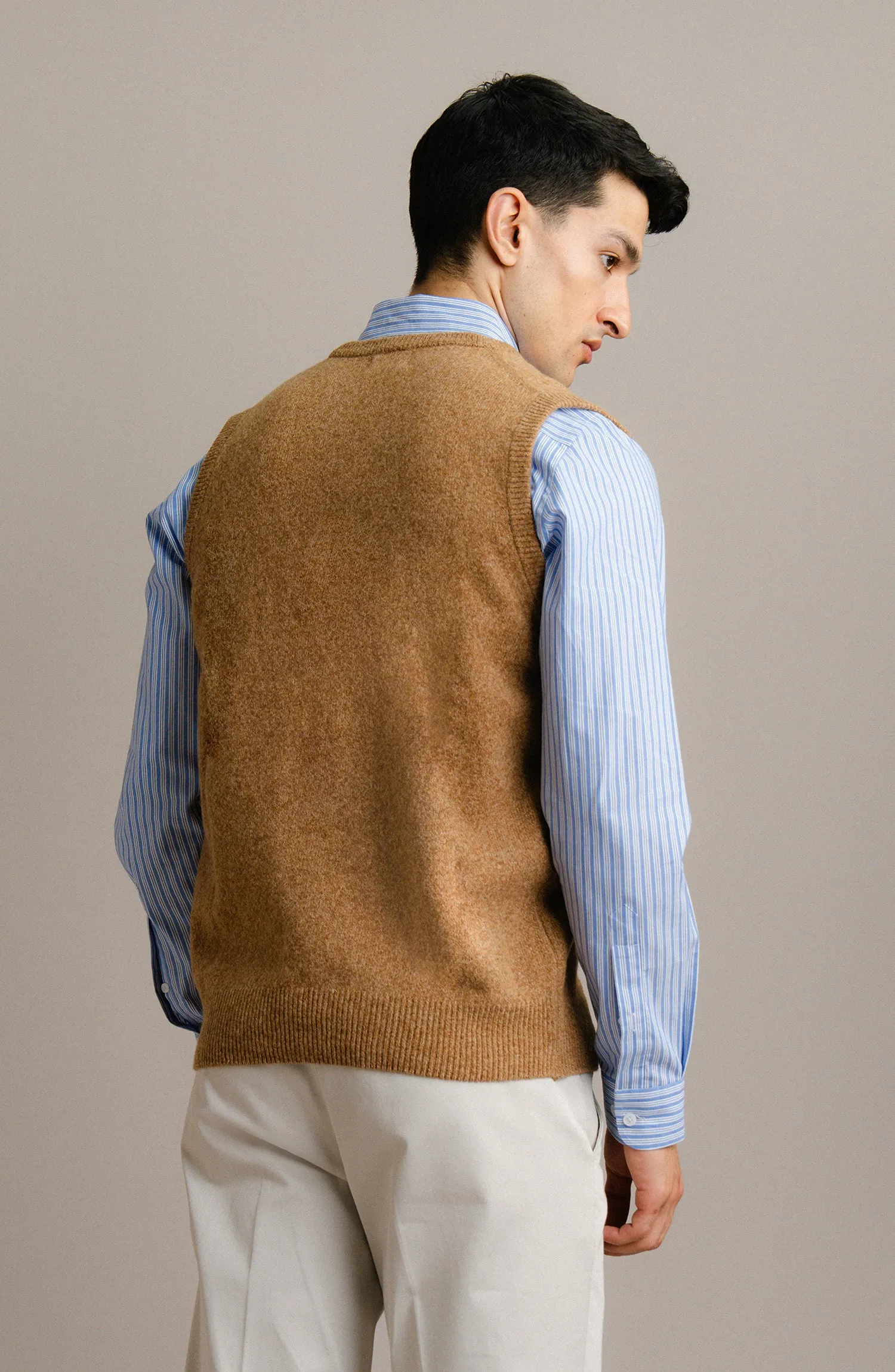 V-Neck Plain Sweater Sleeve-Less - Light Brown