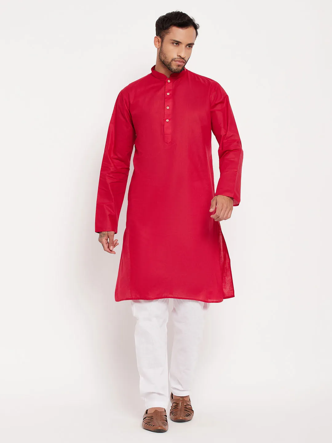 VASTRAMAY Maroon Cotton Kurta And White Pyjama