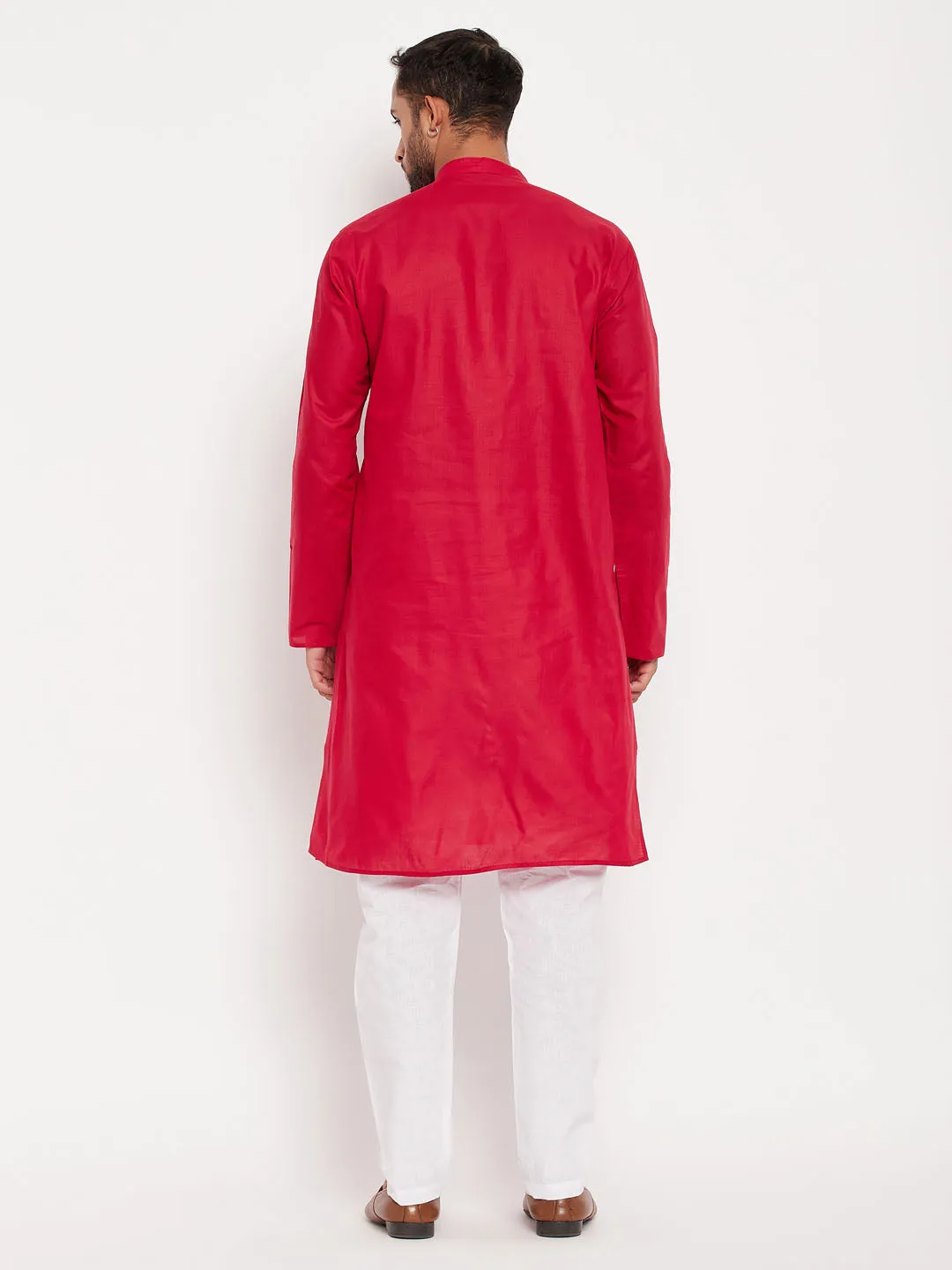 VASTRAMAY Maroon Cotton Kurta And White Pyjama