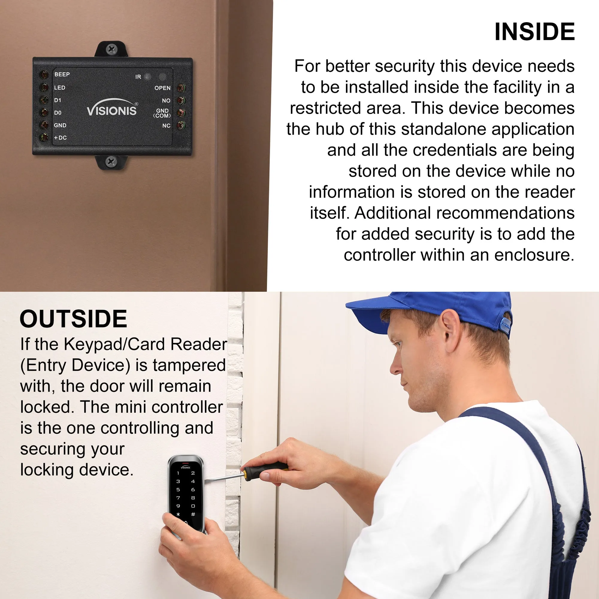 Visionis FPC-5475 One Door Access Control 770lb Electric Strike With Time Delay Fail Safe   Outdoor Keypad/Reader Standalone With Mini Controller   Wiegand 26, No Software, EM Card, Wireless Receiver